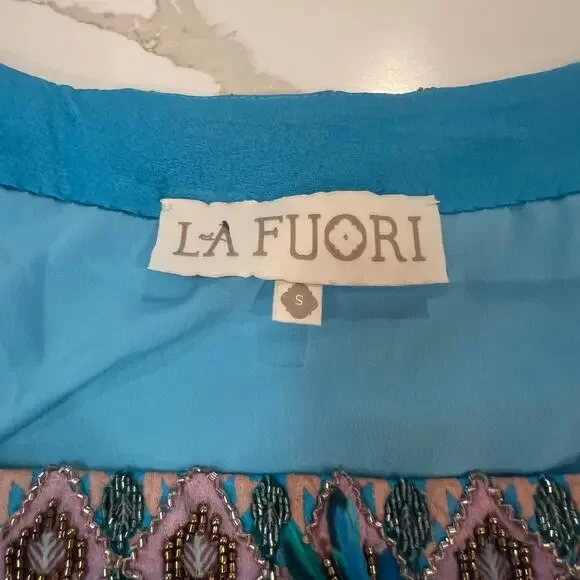 NWT La Fuori 100% silk beaded floral maxi dress blue small flutter sleeve NWT La Fuori 100% silk beaded floral maxi dress blue small flutter sleeve